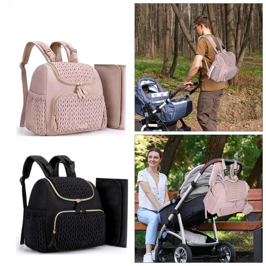 Diapering - กระเป๋าเป้สะพายหลังสำหรับคุณแม่ตั้งครรภ์ความจุขนาดใหญ่ ลายถัก พร้อมแผ่นรองเปลี่ยนผ้าอ้อม สำหรับเดินทางกลางแจ้งและแขวนกับรถเข็นเด็ก