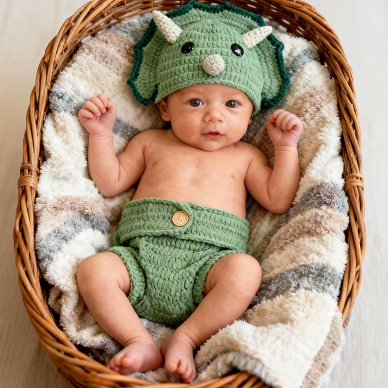 Infant Photography Props Outfit - ชุดถ่ายภาพเด็กแรกเกิด 2 ชิ้น ชุดถักโครเชต์ลายไดโนเสาร์ หมวกเด็กถักไหมพรม กางเกงขาสั้น