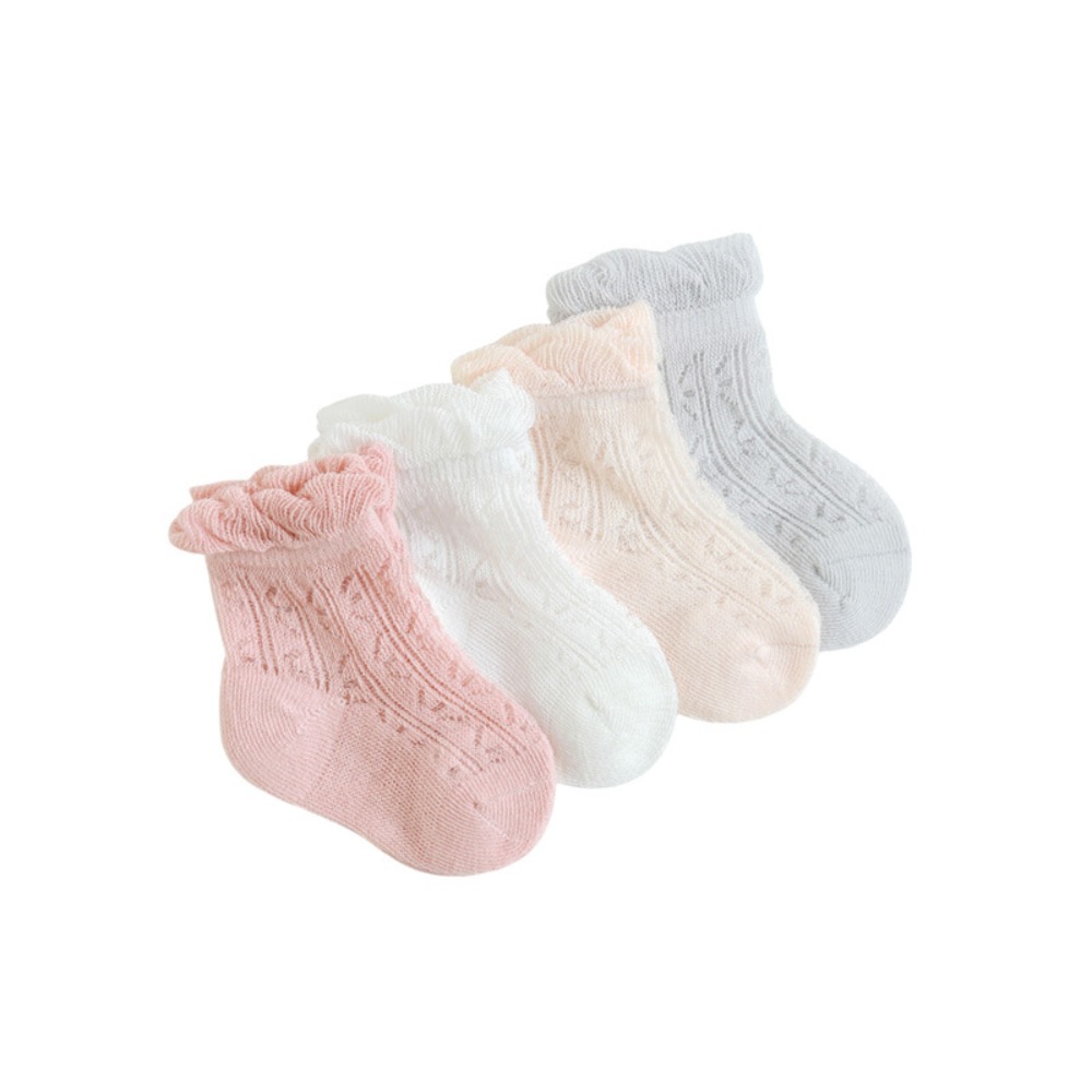Unisex Baby Socks Non Slip - ถุงเท้าเด็กทารกผ้าฝ้ายหวาน 4 คู่ แบบมีระบาย ป้องกันการลื่น ถุงเท้าตาข่ายสำหรับเด็กแรกเกิด