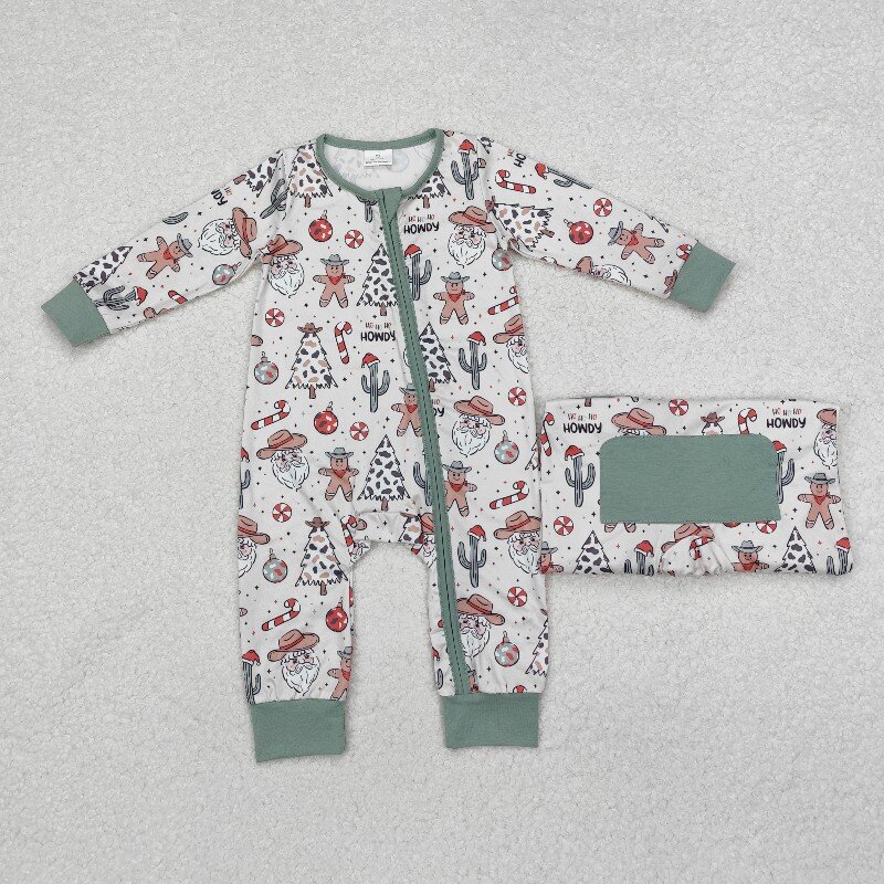 Cotton Baby Onesies Zipper - 8.19y บูติคเด็กทารกชุดรอมเปอร์หมวกคาวบอยซานต้ากระบองเพชรสีเขียวซิปแขนยาวชุดขายส่งเสื้อผ้าเด็ก