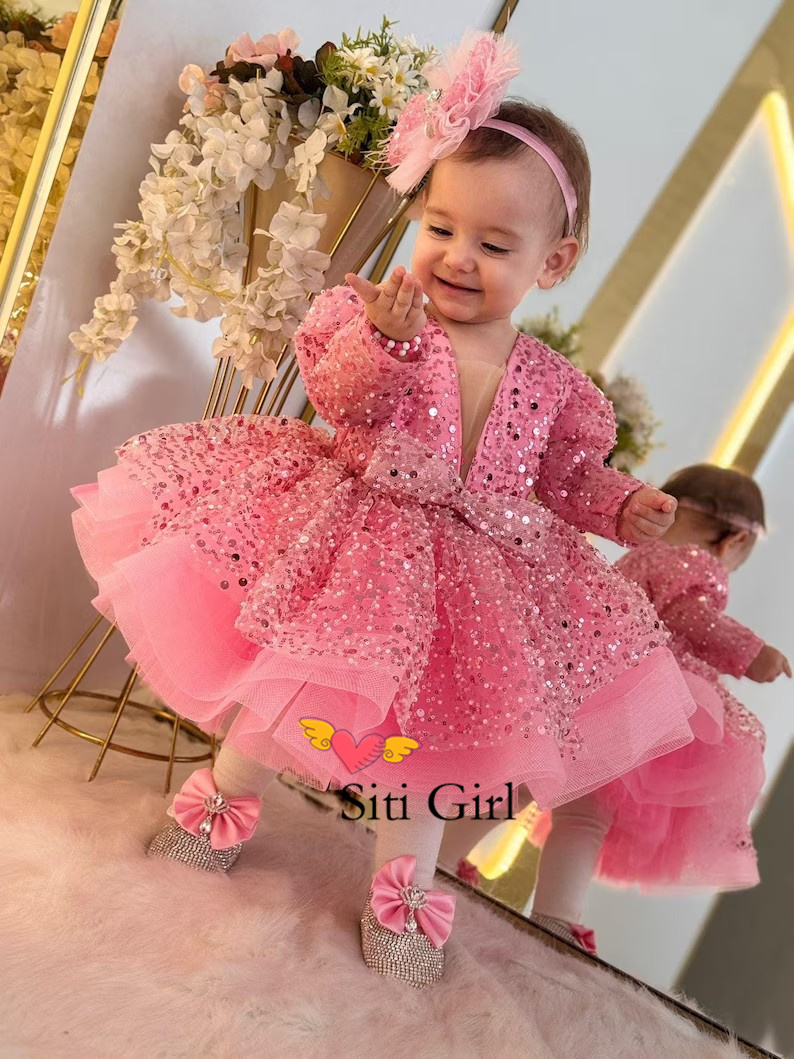 Toddler Girl Tulle Party Dress - เจ้าหญิงสีชมพูชุดเด็กดอกไม้สาวชุดเด็กผู้หญิงประกวดชุดวันเกิดชุดTulleชุดเด็กวัยหัดเดินชุด