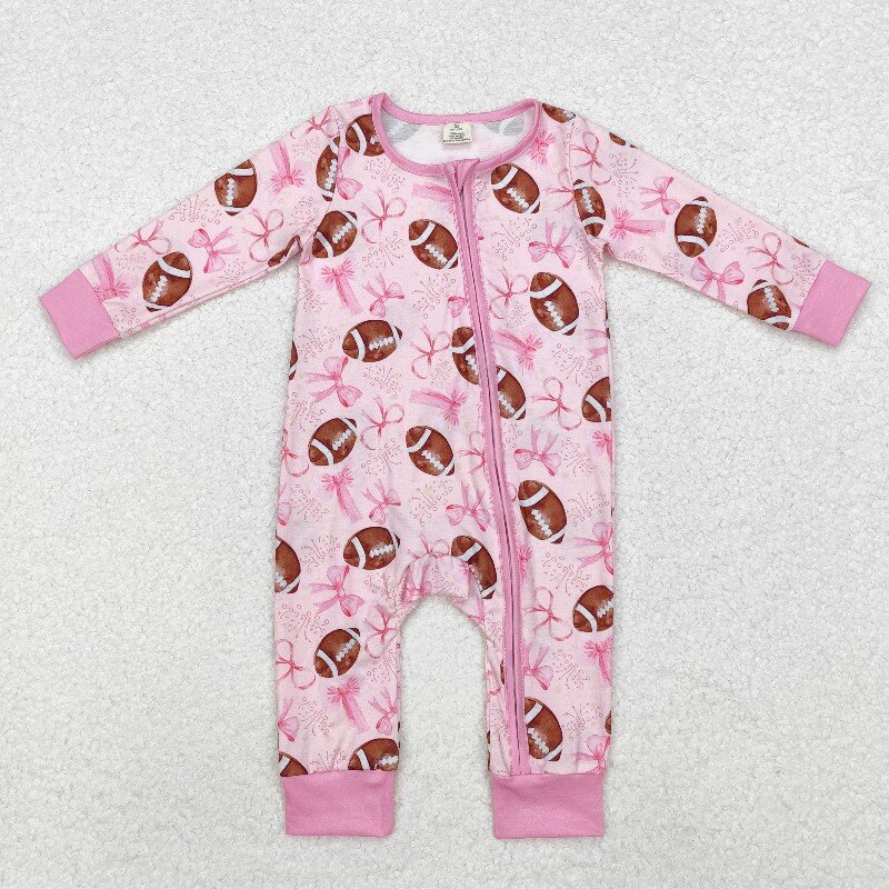 Cotton Baby Onesies Zipper - ชุดบอดี้สูทเด็กผู้หญิงลายรักบี้สีชมพู แขนยาว ซิปหน้า ผ้าเนื้อนุ่ม ขายส่ง ราคาถูก