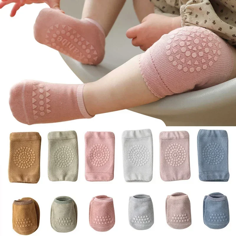 Unisex Baby Socks Non Slip - ชุดถุงเท้ากันลื่นสำหรับเด็กทารก - แผ่นรองเข่าป้องกันการลื่นไถลขณะคลาน, ถุงเท้าสีพื้นพร้อมแผ่นป้องกันขา