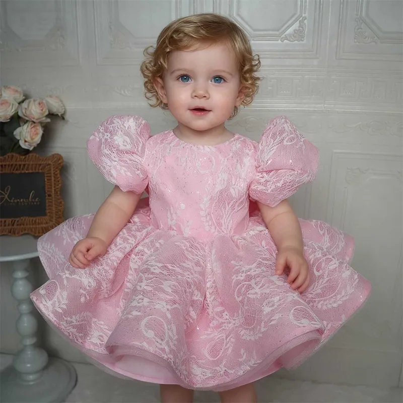 Toddler Girl Tulle Party Dress - ชุดเดรสเด็กเล็กสีชมพูหรูหรา ประดับกลิตเตอร์ ลูกไม้ ผ้าทูลล์ฟูฟ่อง สำหรับงานแต่งงาน พิธีรับศีลล้างบาป