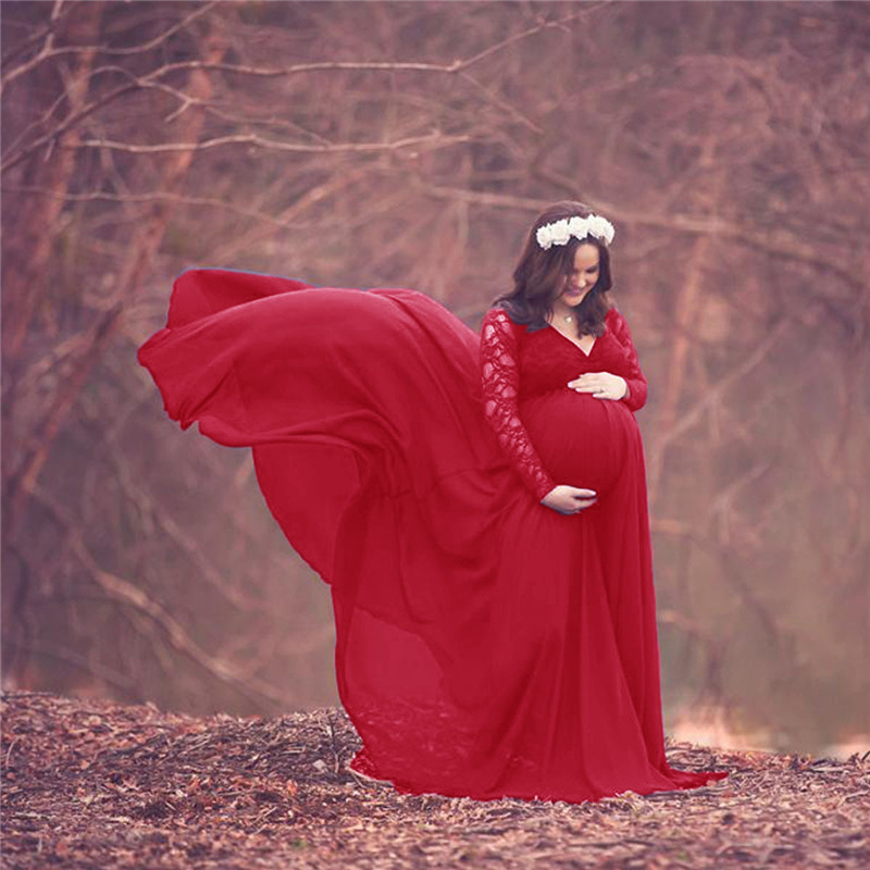 Maternity Wear - ชุดแม็กซี่สำหรับถ่ายภาพคุณแม่ผ้าชีฟองปักลูกไม้ใหม่ชุดกระโปรงแขนยาวคุณแม่ชุดยาวสำหรับคุณแม่ตั้งครรภ์หรูหราชุดอุ้มท้องเซ็กซี่สำหรับถ่ายภาพ