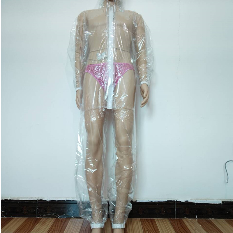 Diapering - ชุดจั๊มสูทพลาสติกใสซิปยาวแบบเซ็กซี่ พร้อมฮู้ด แขนยาว กันน้ำ เนื้อผ้านุ่มลื่น สำหรับคู่รัก