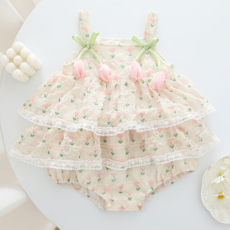 Newborn Baby Girl Romper Floral - ชุดบอดี้สูทเด็กผู้หญิงลายดอกไม้ 3 มิติ ผ้าบางระบายอากาศดี แต่งลูกไม้ กระโปรงบัลเลต์