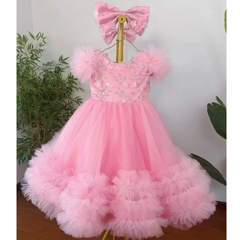 Toddler Girl Tulle Party Dress - ที่กำหนดเองชุดดอกไม้สีชมพูสำหรับงานแต่งงานลูกไม้ทูลแอพพลิเคชันพัฟฟี่น่ารักเด็กวัยหัดเดินวันเกิดงานเลี้ยงถ่ายภาพบอลกาวน์