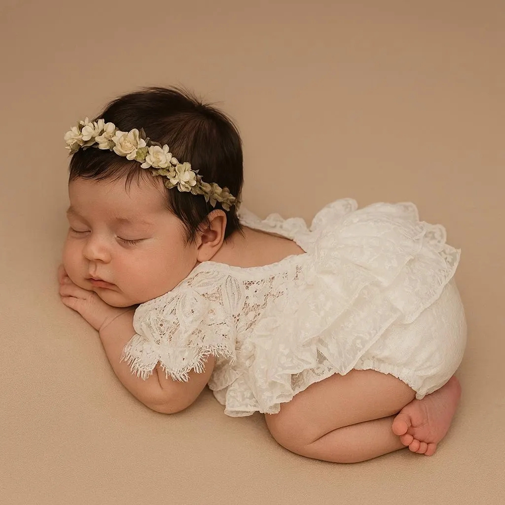 Newborn Baby Girl Romper Floral - ชุดถ่ายภาพเด็กแรกเกิดสำหรับเด็กผู้หญิง ชุดรอมเปอร์ลูกไม้สีขาวเปิดไหล่แต่งระบาย ชุดถ่ายภาพเด็กทารก ชุดเจ้าหญิงสำหรับเด็กอ่อน