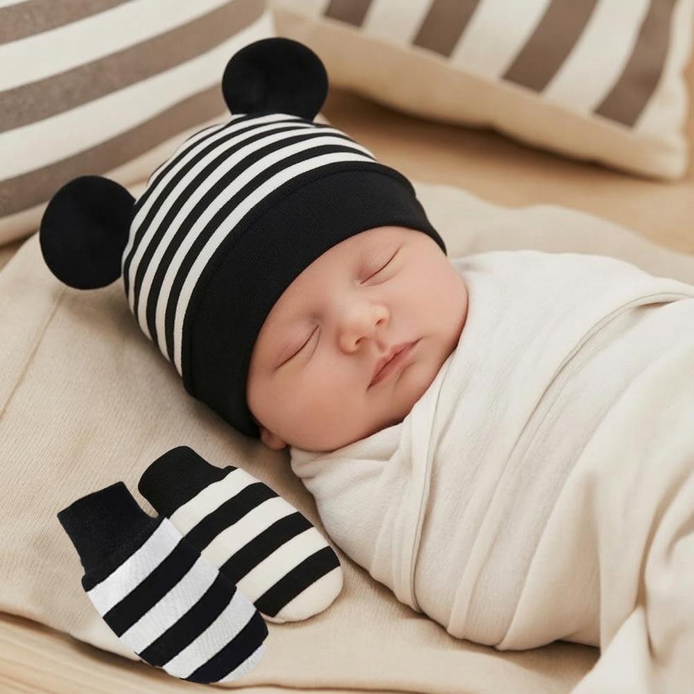 Infant Beanie Hat With Ears - ถุงมือกันรอยขีดข่วนสำหรับเด็กทารก ชุดหมวกและถุงมือสำหรับเด็กแรกเกิด ผ้าฝ้าย หมวกเด็กอ่อนลายหูหมี พร้อมถุงมือกันรอยขีดข่วน เนื้อนุ่มสำหรับเด็กอายุ