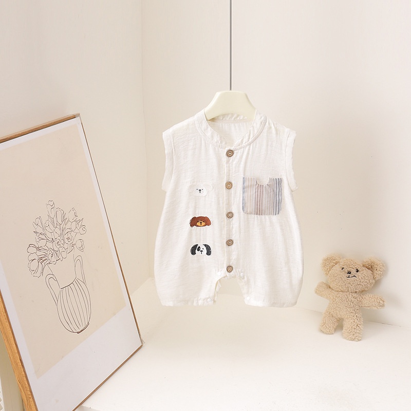 Baby Summer Linen Sleeveless Jumpsuit - ชุดรอมเปอร์เด็กพิมพ์ลายการ์ตูนหมีฤดูร้อนปี 2026 สำหรับเด็กอายุ 3 เดือน-3 ปี