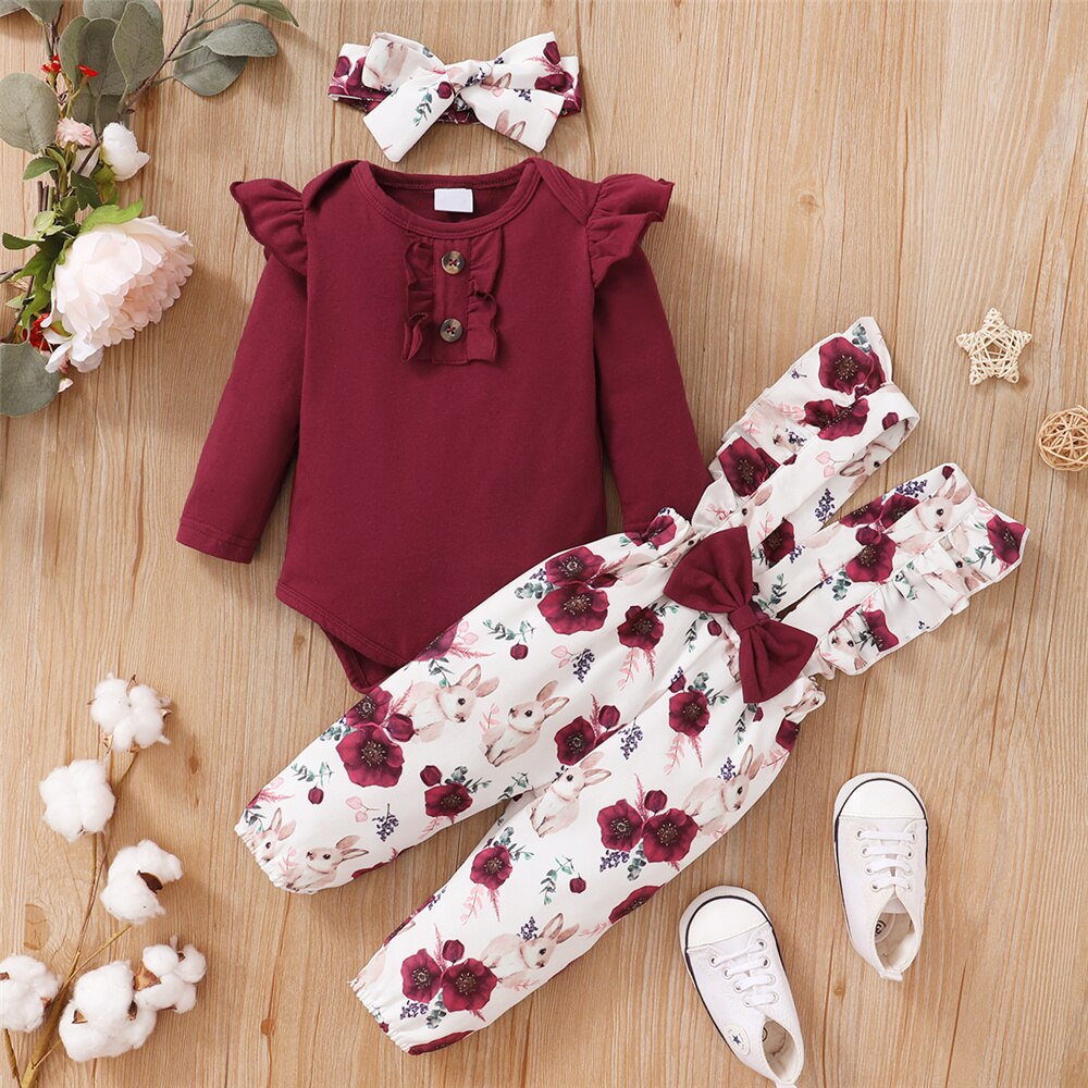 Newborn Baby Girl Romper Floral - 0-24เดือนชุดเสื้อผ้าเด็กผู้หญิงแรกเกิด3ชิ้นชุดหมีแขนยาว + กางเกงสายดอกไม้ + ที่คาดผมชุดน่ารักฤดูใบไม้ผลิและฤดูใบไม้ร่วง