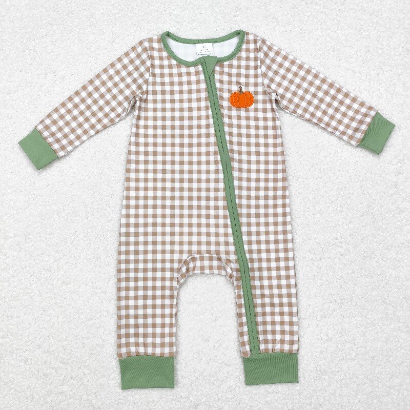 Cotton Baby Onesies Zipper - 8.19y ชุดรอมเปอร์เด็กชายวันขอบคุณพระเจ้าขายส่งบูติกปักฟักทองลายสก๊อตสีกากีซิปแขนยาวชุดบอดี้สูท
