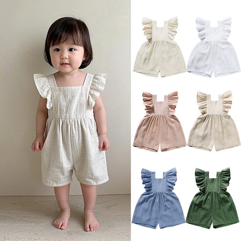 Baby Summer Linen Sleeveless Jumpsuit - เสื้อผ้าเด็กฤดูร้อน ชุดรอมเปอร์เด็กหญิงแบบยูนิเซ็กส์ ชุดเอี๊ยมผ้าลินินลำลองสำหรับเด็กหญิง ชุดจั๊มสูทระบายอากาศสำหรับเด็กชายพร้อมดีไซน์ระบาย