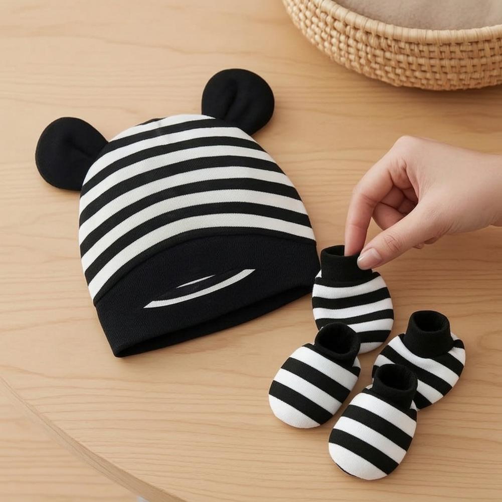 Infant Beanie Hat With Ears - ถุงมือกันรอยขีดข่วนสำหรับทารกแรกเกิด ชุดหมวกและถุงมือสำหรับทารกแรกเกิด หมวกผ้าฝ้ายลายหูหมีพร้อมถุงมือกันรอยขีดข่วน เนื้อนุ่มสำหรับเด็กอายุ 0-3 เดือน