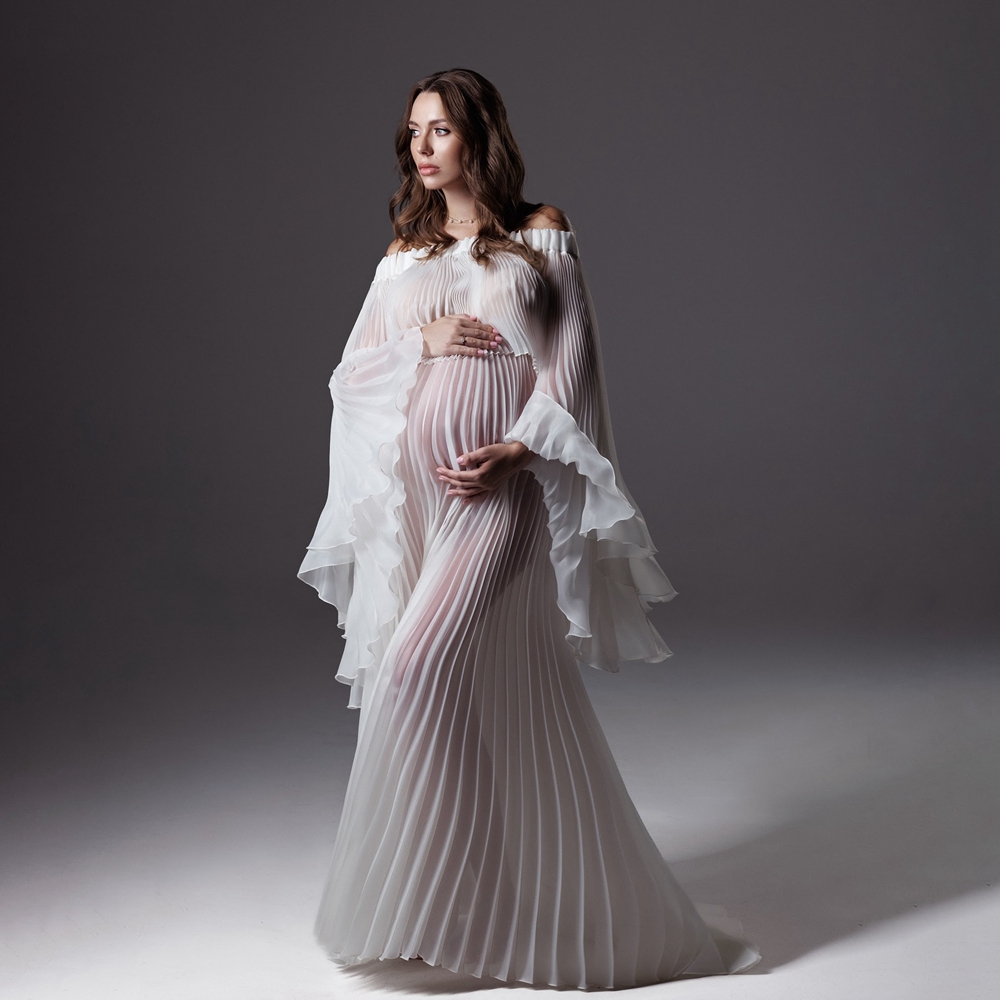 Maternity Wear - ชุดเดรสถ่ายภาพคนท้องแบบจีบระบาย ผ้าตาข่ายสีขาว สำหรับถ่ายภาพ แขนทรงระฆัง ชุดเดรสยาวซีทรูสำหรับหญิงตั้งครรภ์