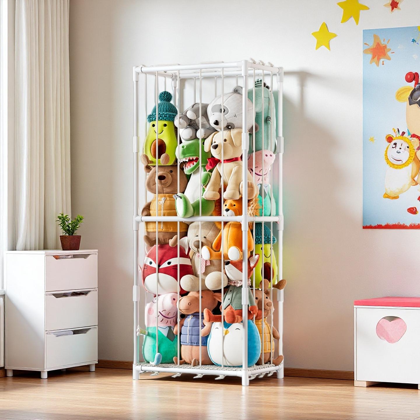 Nursery - ที่เก็บของแนวตั้งสำหรับตุ๊กตาสัตว์ ชั้นวางของเล่นตุ๊กตาธีมสวนสัตว์ โครงเหล็กประหยัดพื้นที่พร้อมตาข่ายยืดหยุ่น ชั้นวางมุมแบบตั้งอิสระสำหรับจัดเก็บของในห้องเด็กเล่น ห้องนอนเด็ก ห้องเด็กอ่อน