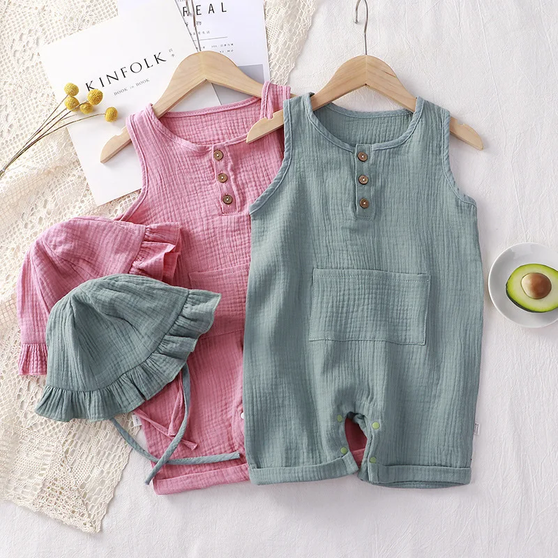 Baby Summer Linen Sleeveless Jumpsuit - 2 ชิ้น/เซ็ตเด็กฤดูร้อนเสื้อผ้าทารกแรกเกิดทารกRomperกับหมวกMuslinผ้าฝ้ายแขนกุดเด็กทารกเด็กหญิงJumpsuitชุด