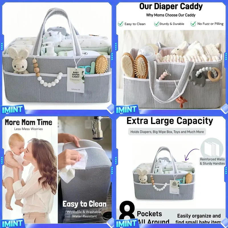 Diapering - ที่เก็บผ้าอ้อมแบบผ้า, ตะกร้าเก็บผ้าอ้อมแบบพกพา ระบายอากาศได้ดี ทำจากผ้าฝ้าย พร้อมช่องเก็บของแบบ 3