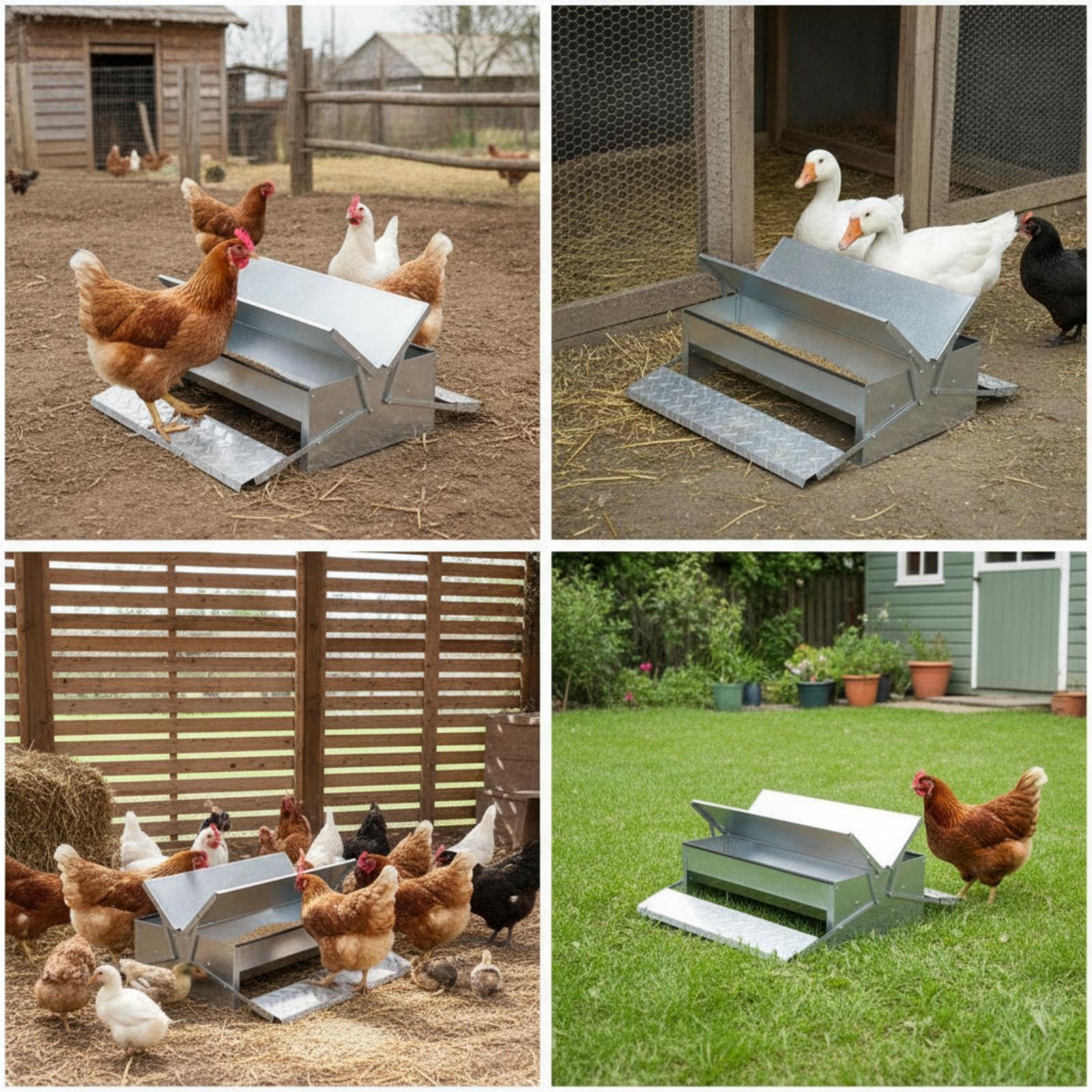 Feeding - รางให้อาหารสัตว์ปีกอัตโนมัติ ฝาปิดแบบเหยียบทำจากเหล็กชุบสังกะสี ภาชนะให้อาหารไก่สำหรับนกในสวนหลังบ้าน