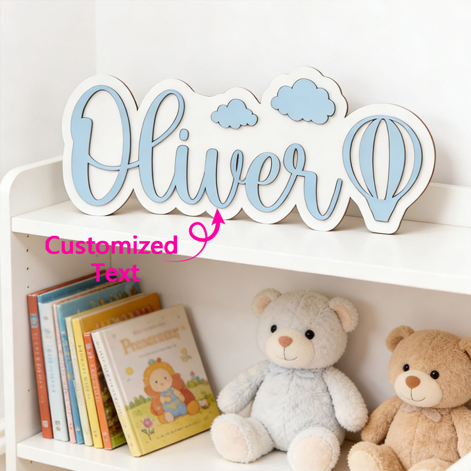 Nursery - ป้ายชื่อห้องรูปบอลลูนลมร้อนและเมฆแบบปรับแต่งได้, ป้ายไม้สีฟ้าพาสเทลที่สามารถปรับแต่งได้, ของตกแต่งห้องนอนเด็ก, ของขวัญแสนหวาน