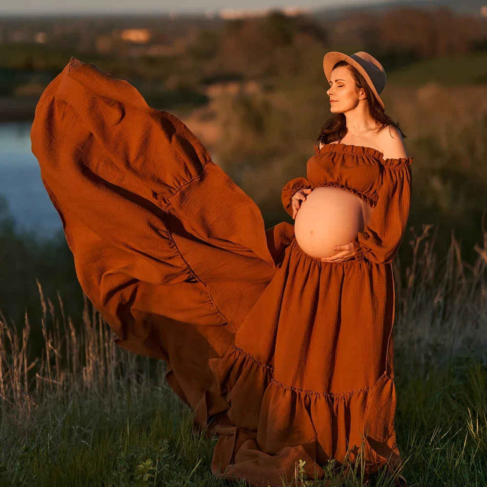 Maternity Wear - เซ็กซี่ปิดไหล่ Retro คลอดบุตรการถ่ายภาพชุดสบายการตั้งครรภ์สวมใส่ผ้าลินินผ้าฝ้าย Boho ขนาดใหญ่กระโปรงถ่ายภาพ