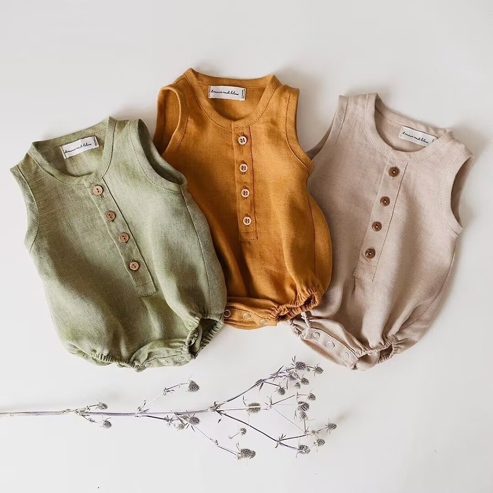 Baby Summer Linen Sleeveless Jumpsuit - ทารกแรกเกิดเด็กทารกผ้าลินินผ้าฝ้ายชุดรอมเปอร์นุ่มระบายอากาศได้ดีแขนกุดชุดบอดี้สูททารกชุดจั๊มสูทเด็กวัยหัดเดินเด็กหญิงเสื้อผ้าชิ้นเดียว 0-24M