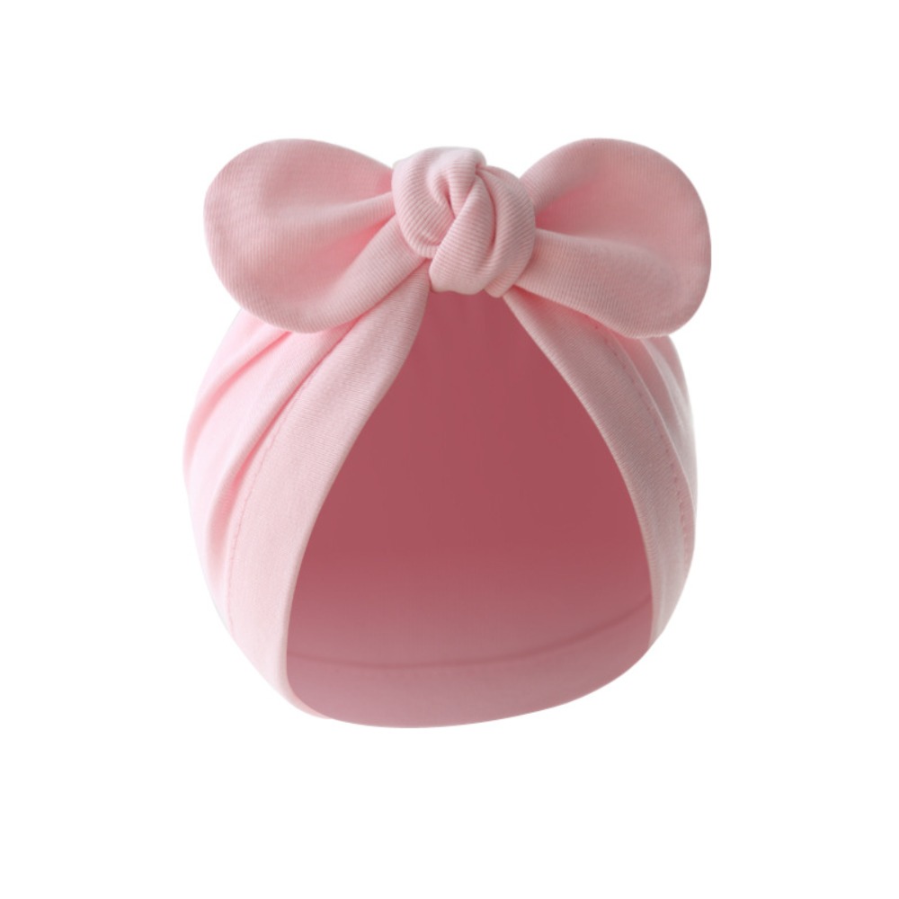 Infant Beanie Hat With Ears - หมวกไหมพรมน่ารัก ลายดอกไม้ ผูกปม หูกระต่าย ผ้าฝ้ายเนื้อนุ่ม สีพื้น