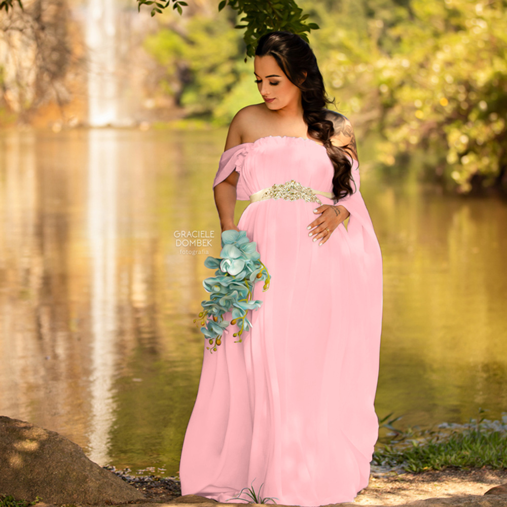 Maternity Wear - ชุดเดรสยาวสำหรับถ่ายภาพคนท้อง แขนสั้น แต่งลูกไม้ สไตล์ยุโรปและอเมริกา สำหรับวัยรุ่นและสตรีมีครรภ์