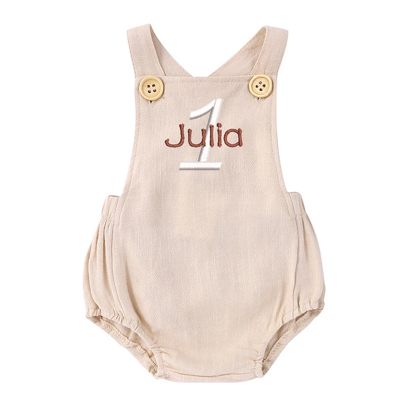 Baby Summer Linen Sleeveless Jumpsuit - ชุดหมีขาสั้นปักชื่อ1st ชุดหมีขาสั้นสำหรับ kado Bayi วันเกิดชุดจัมพ์สูทแขนกุดทารกแบบลำลอง